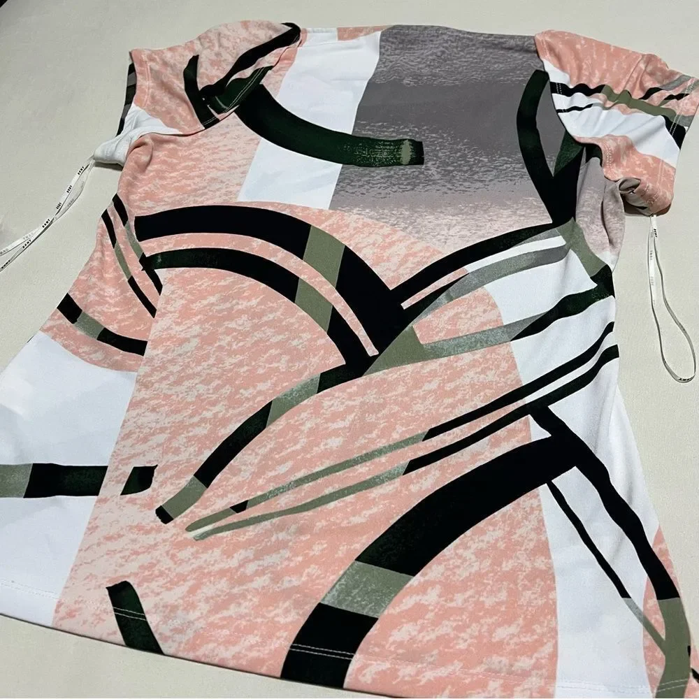 DKNY Women's Top with Pink and Green Abstract Design